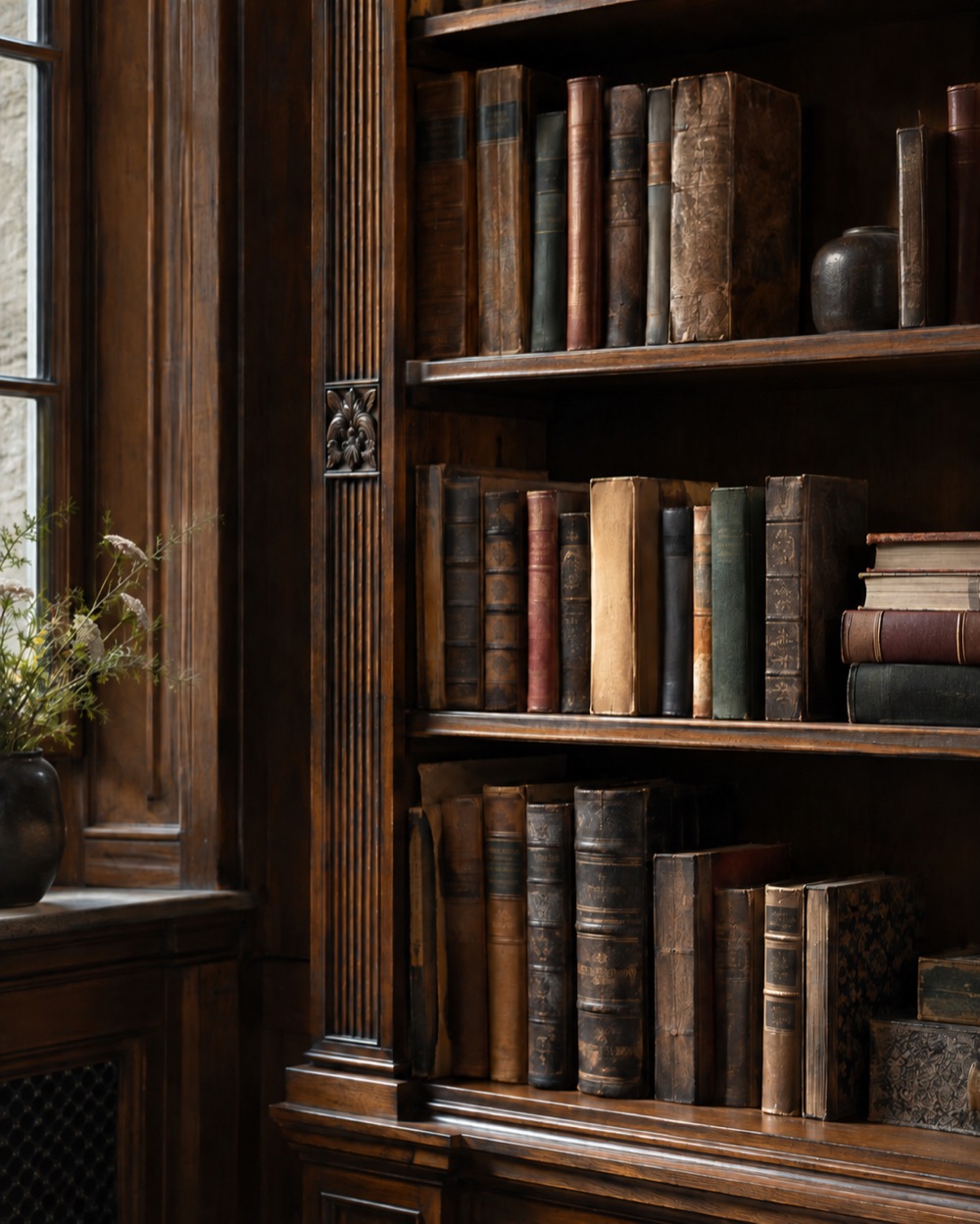 Oude boeken in een houten bibliotheek bij zacht raamlicht