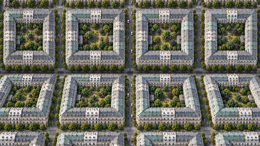 Surrealistische stad met een opwaarts gevouwen stratenpatroon, kopergroene daken en groene binnentuinen